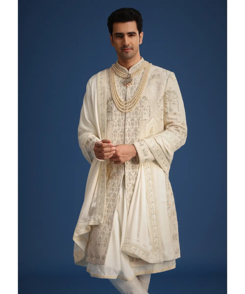 KALKI - Beige Silk Zardozi Work Sherwani Set With Mala