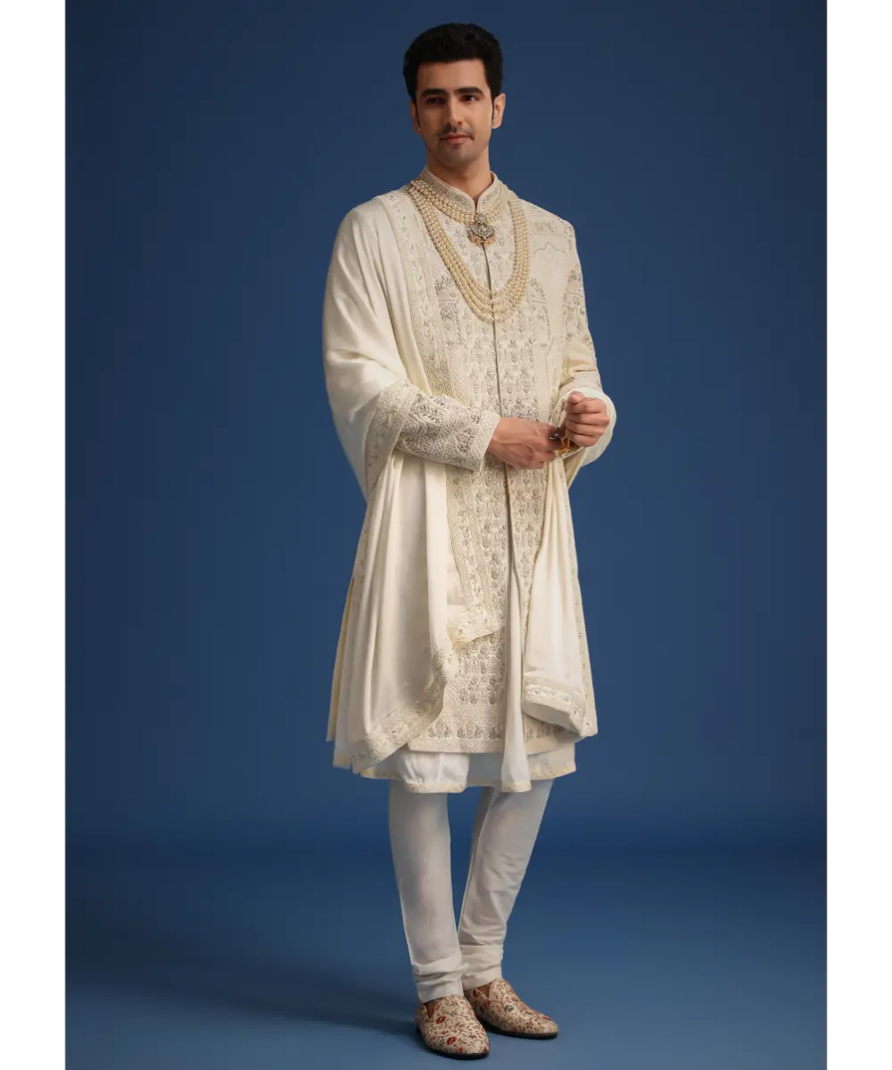 KALKI - Beige Silk Zardozi Work Sherwani Set With Mala