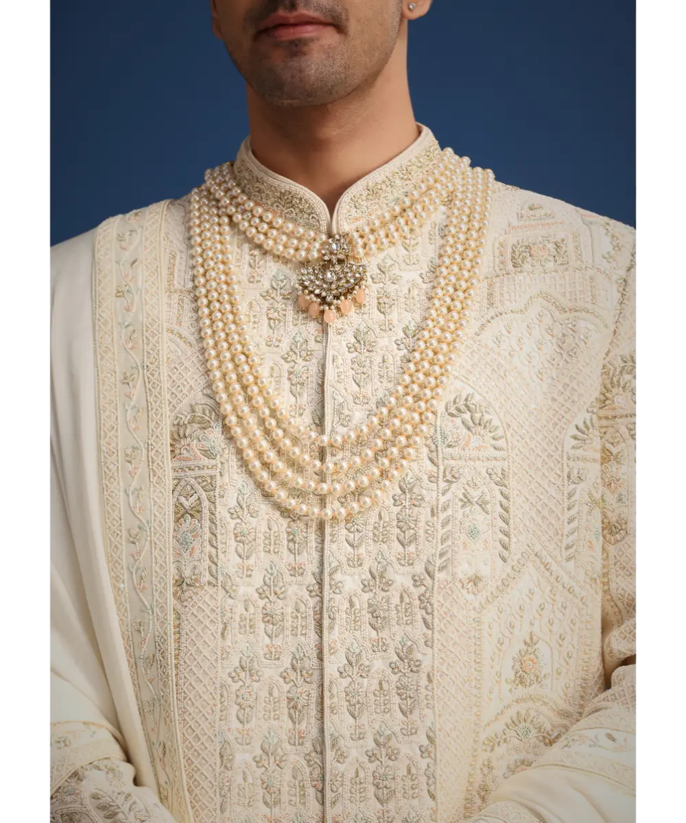 KALKI - Beige Silk Zardozi Work Sherwani Set With Mala