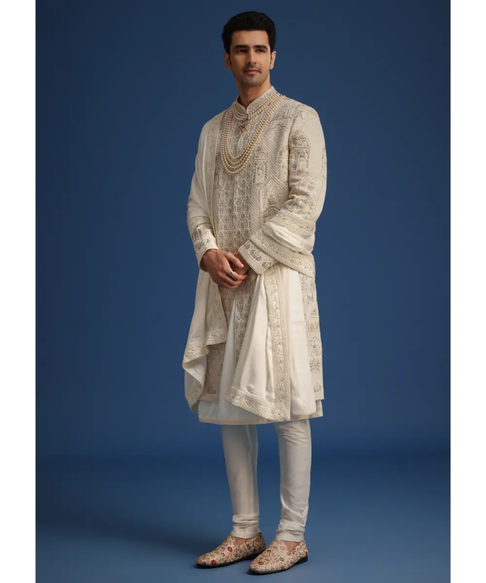 KALKI - Beige Silk Zardozi Work Sherwani Set With Mala