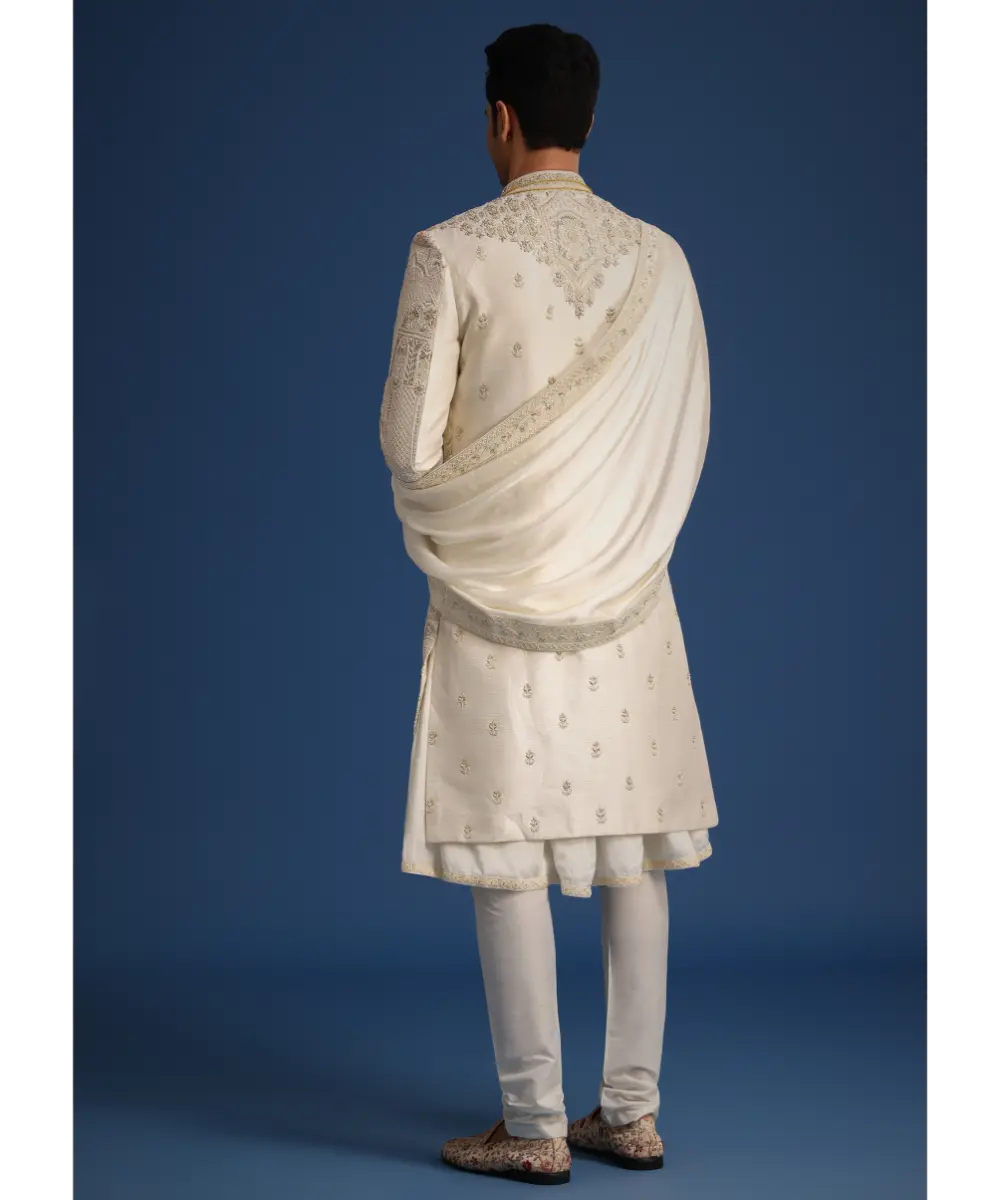 KALKI - Beige Silk Zardozi Work Sherwani Set With Mala