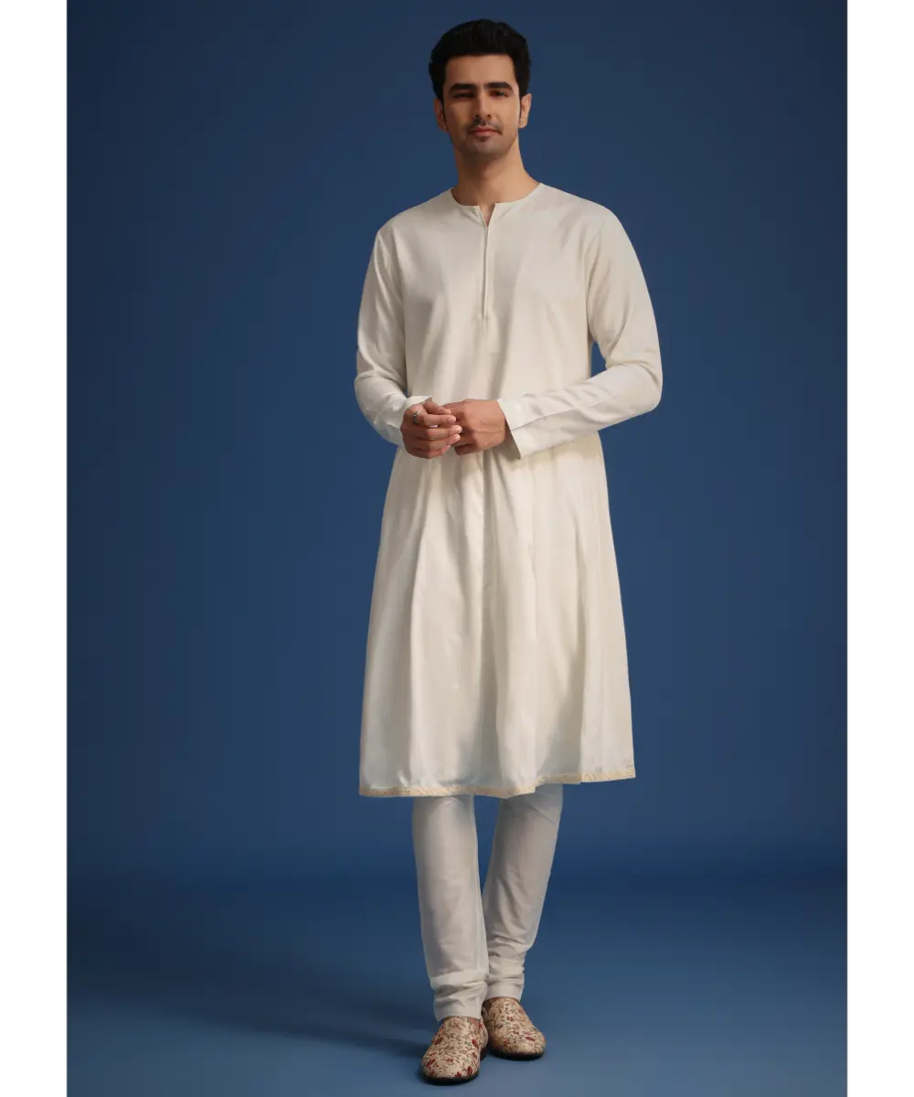 KALKI - Beige Silk Zardozi Work Sherwani Set With Mala