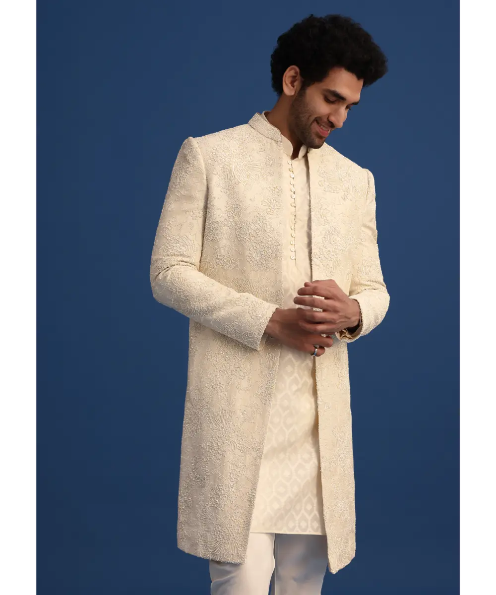 KALKI - Beige Silk Sherwani And Kurta Set With Zardozi Embroidery