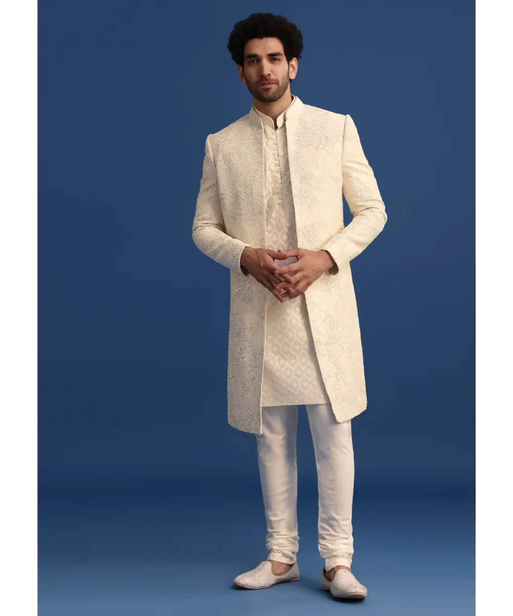 KALKI - Beige Silk Sherwani And Kurta Set With Zardozi Embroidery