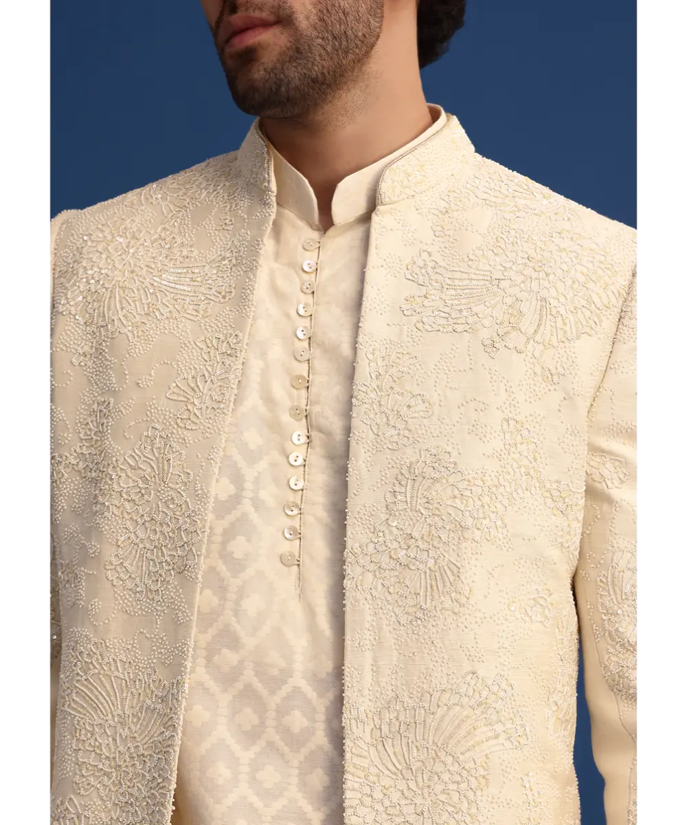 KALKI - Beige Silk Sherwani And Kurta Set With Zardozi Embroidery