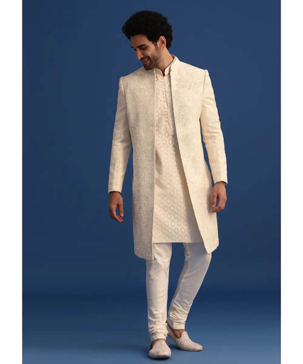 KALKI - Beige Silk Sherwani And Kurta Set With Zardozi Embroidery