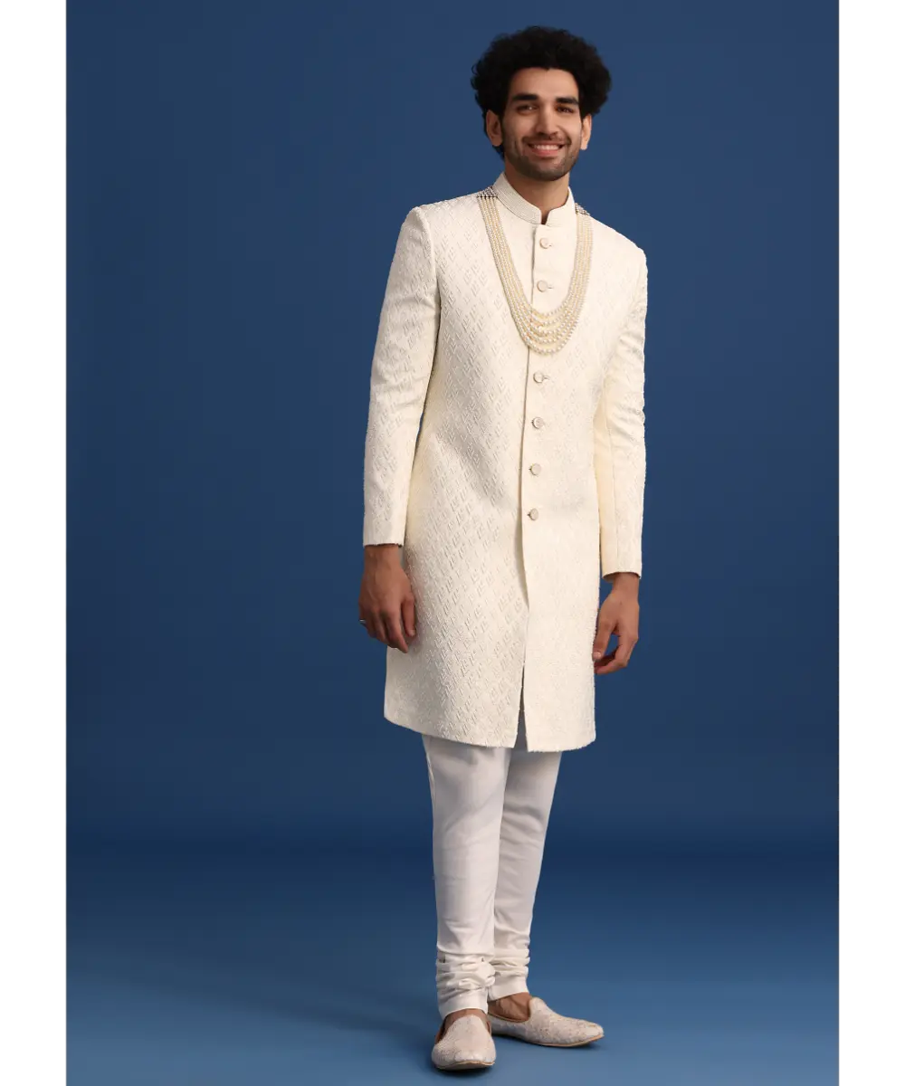 KALKI - Beige Jacquard Sherwani And Kurta Set