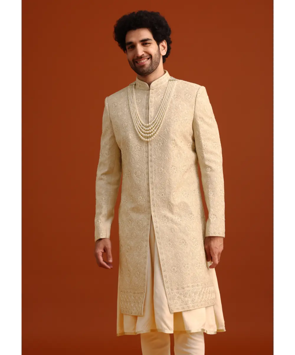 KALKI - Beige Silk Embroidered Sherwani And Kurta Set With Dupatta
