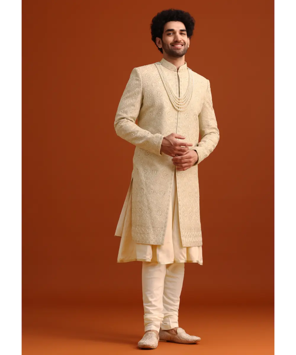 KALKI - Beige Silk Embroidered Sherwani And Kurta Set With Dupatta