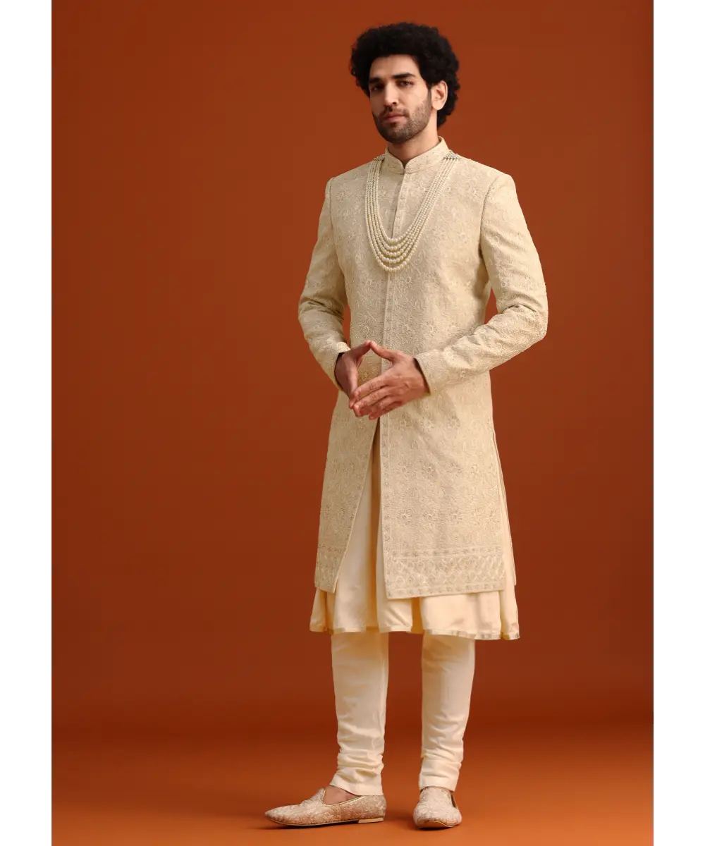 KALKI - Beige Silk Embroidered Sherwani And Kurta Set With Dupatta