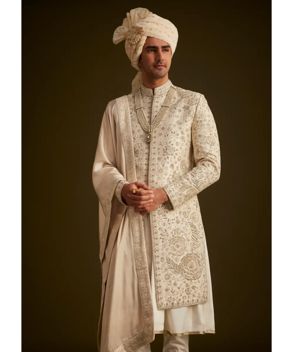 KALKI - Beige Zardozi Embroidered Sherwani With Matching Dupatta