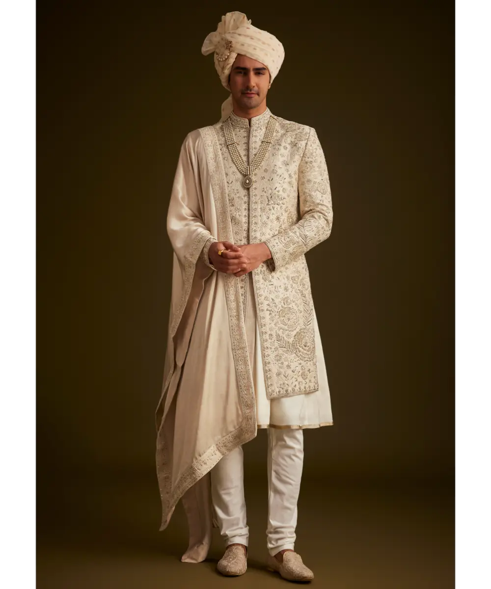 KALKI - Beige Zardozi Embroidered Sherwani With Matching Dupatta
