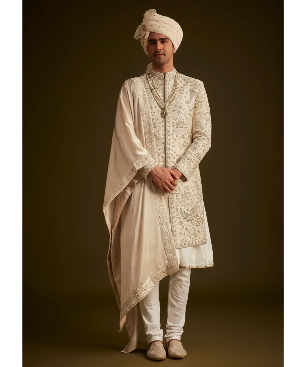 KALKI - Beige Zardozi Embroidered Sherwani With Matching Dupatta
