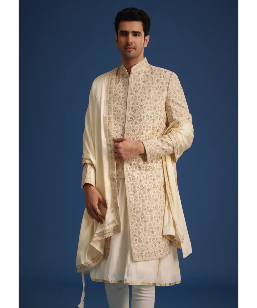 KALKI - White Silk Zari Work Sherwani Set With Dupatta