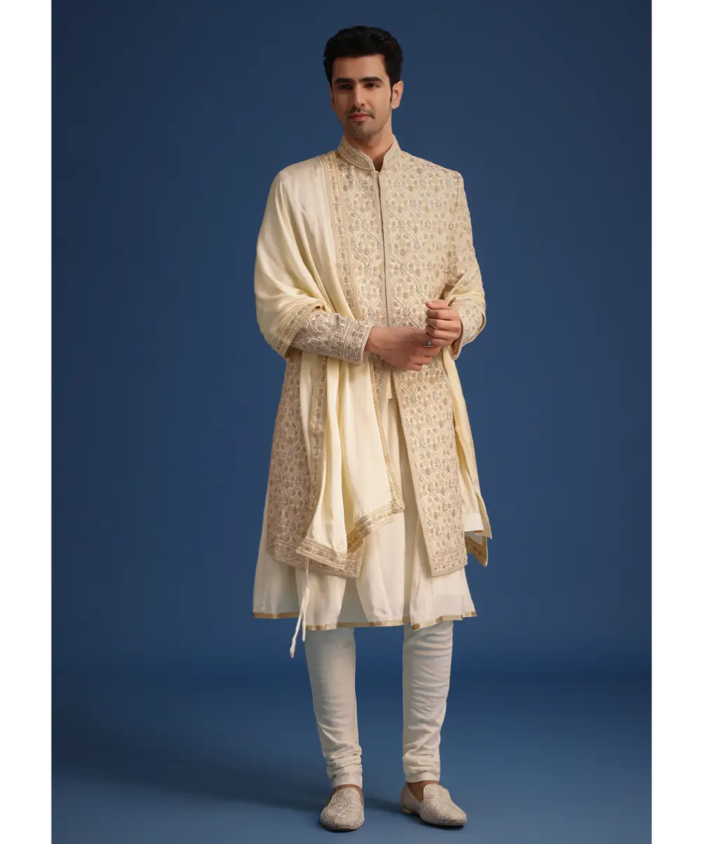 KALKI - White Silk Zari Work Sherwani Set With Dupatta