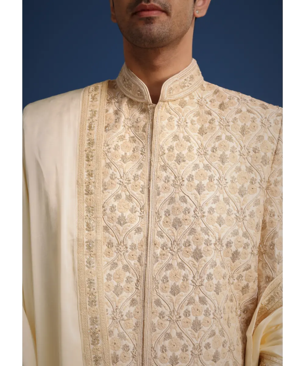 KALKI - White Silk Zari Work Sherwani Set With Dupatta