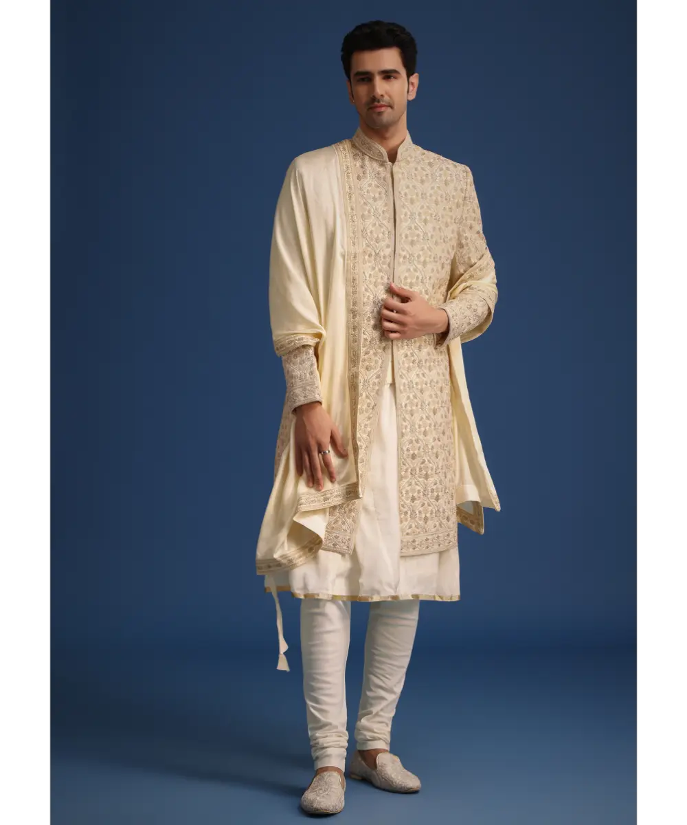 KALKI - White Silk Zari Work Sherwani Set With Dupatta