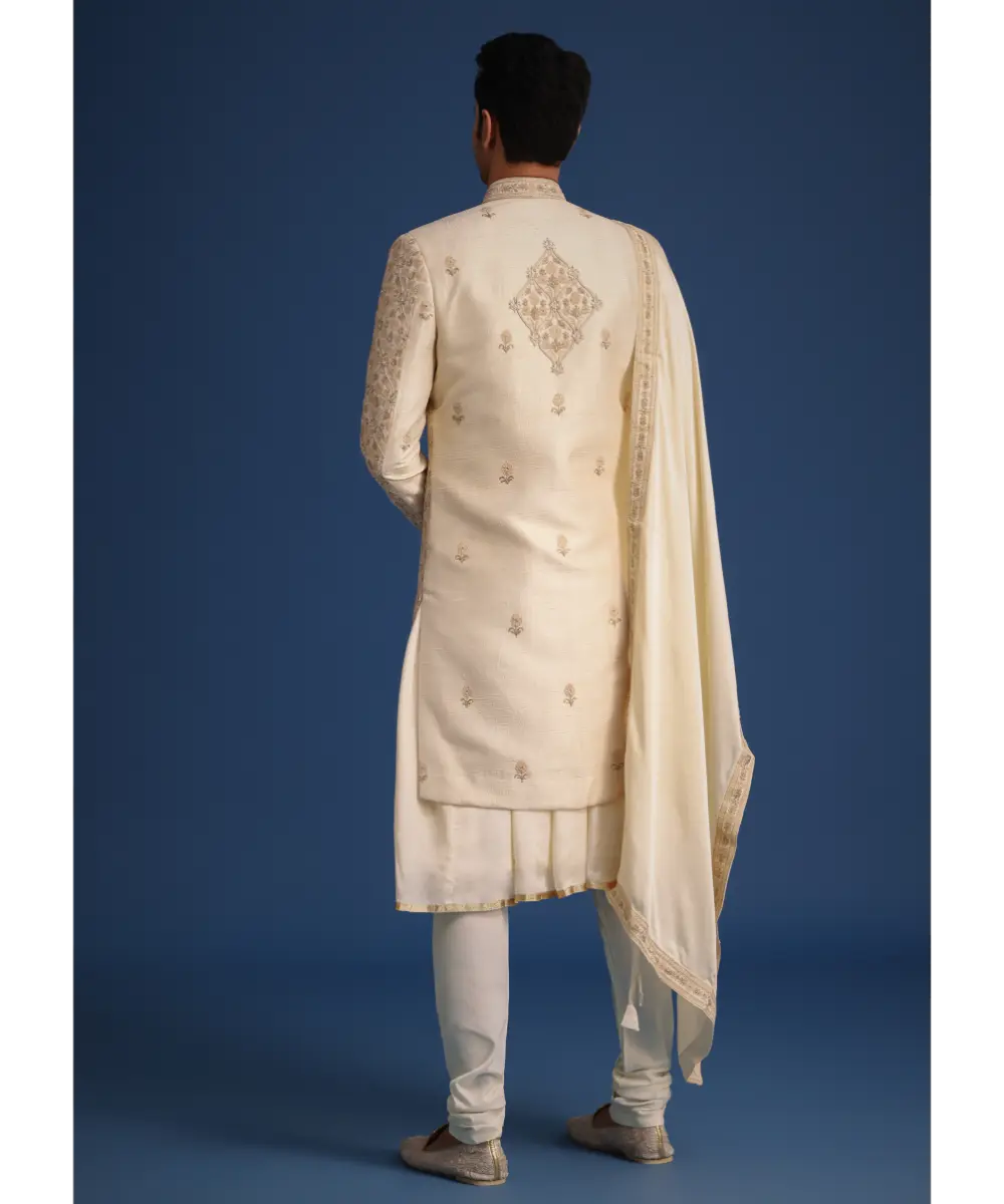 KALKI - White Silk Zari Work Sherwani Set With Dupatta