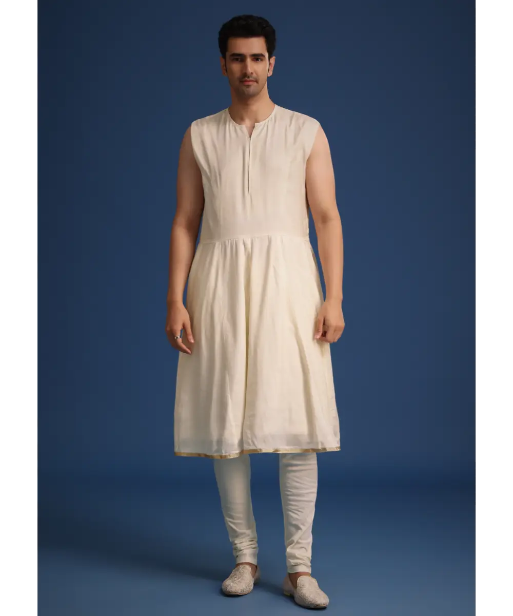 KALKI - White Silk Zari Work Sherwani Set With Dupatta