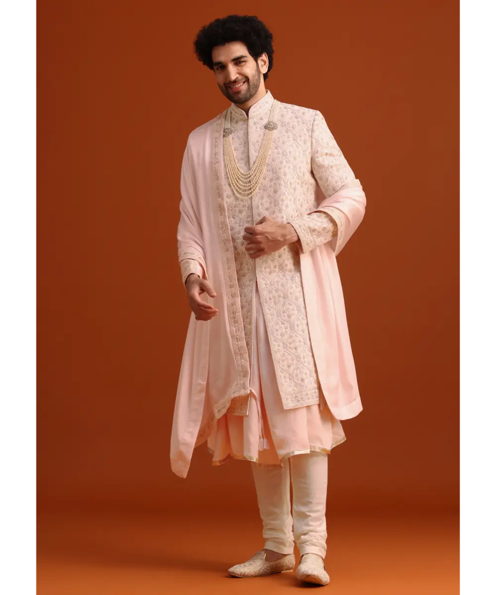 KALKI - Pink Silk Embroidered Sherwani Set With Dupatta