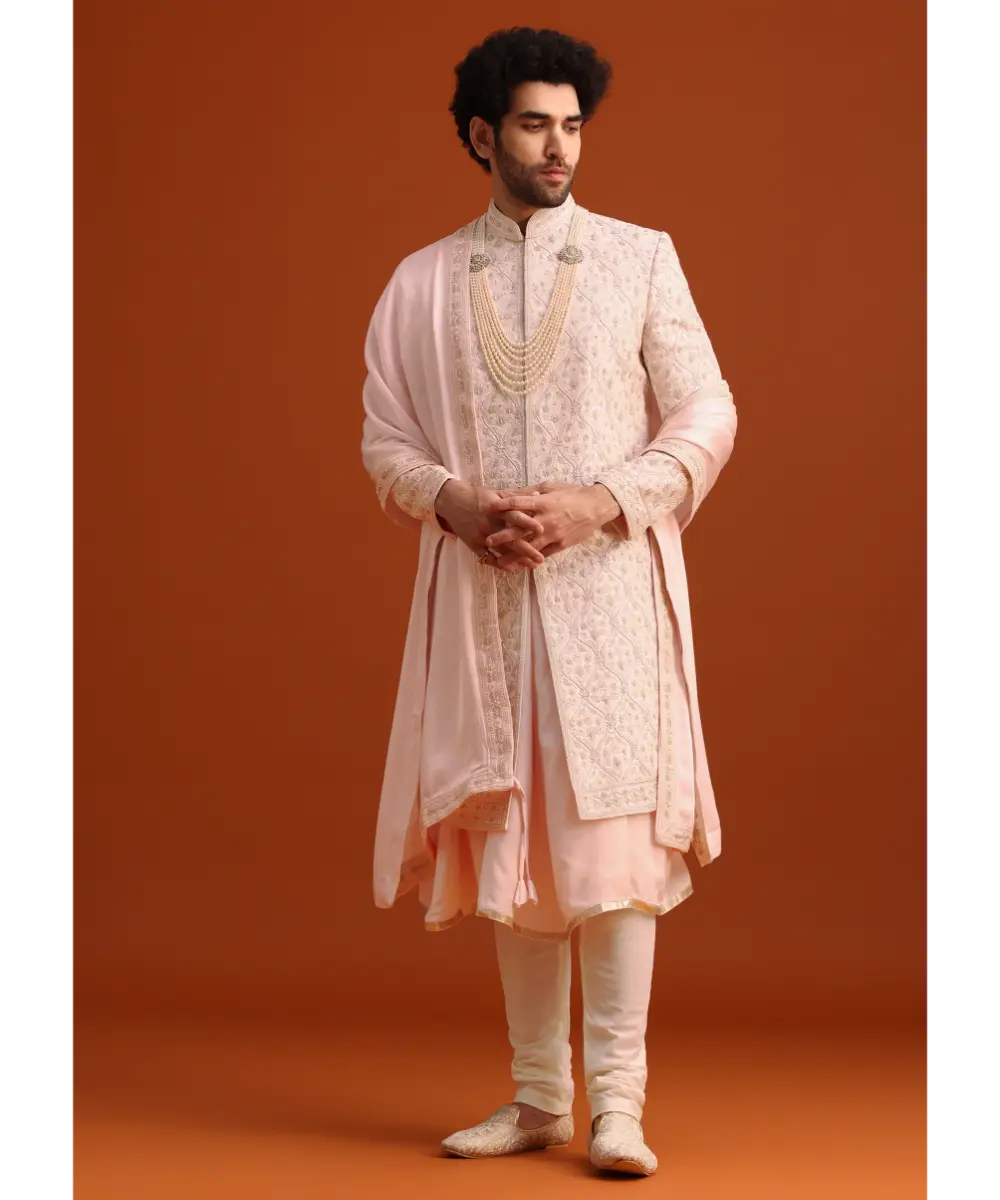 KALKI - Pink Silk Embroidered Sherwani Set With Dupatta