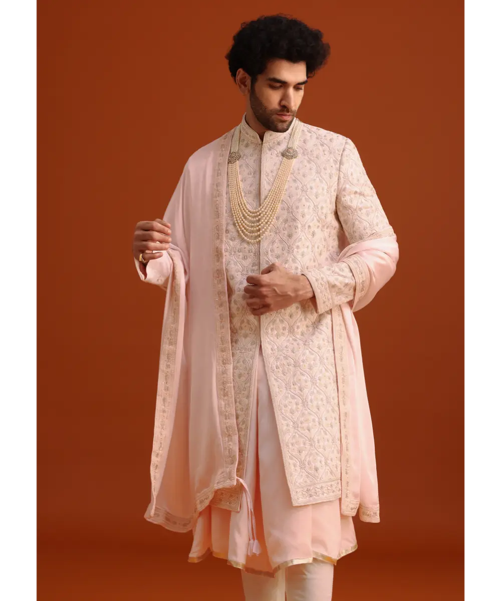 KALKI - Pink Silk Embroidered Sherwani Set With Dupatta