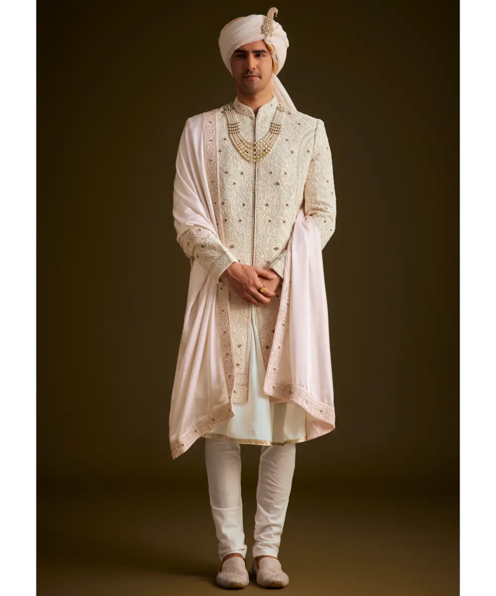KALKI - Ivory Zardozi Embroidered Sherwani With Matching Dupatta