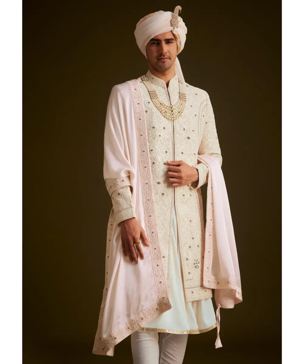 KALKI - Ivory Zardozi Embroidered Sherwani With Matching Dupatta