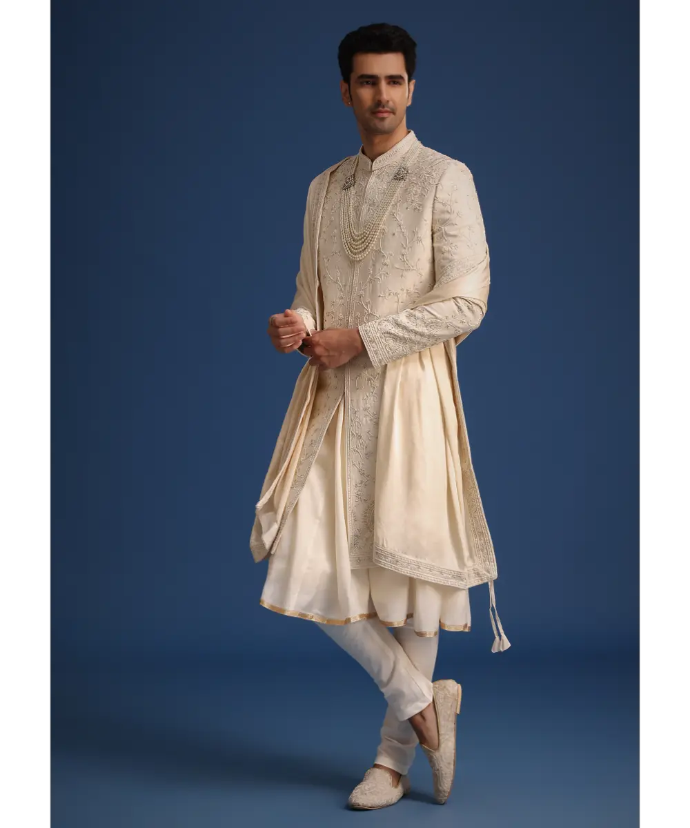 KALKI - Beige Silk Zardozi Work Sherwani Set With Dupatta