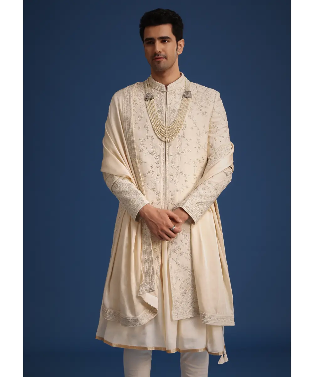KALKI - Beige Silk Zardozi Work Sherwani Set With Dupatta