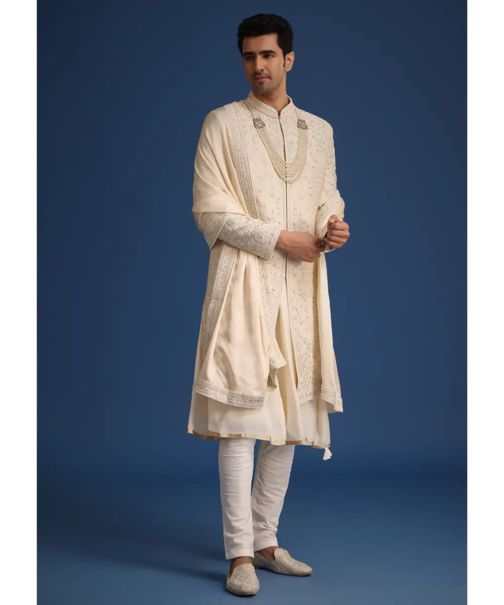 KALKI - Beige Silk Zardozi Work Sherwani Set With Dupatta