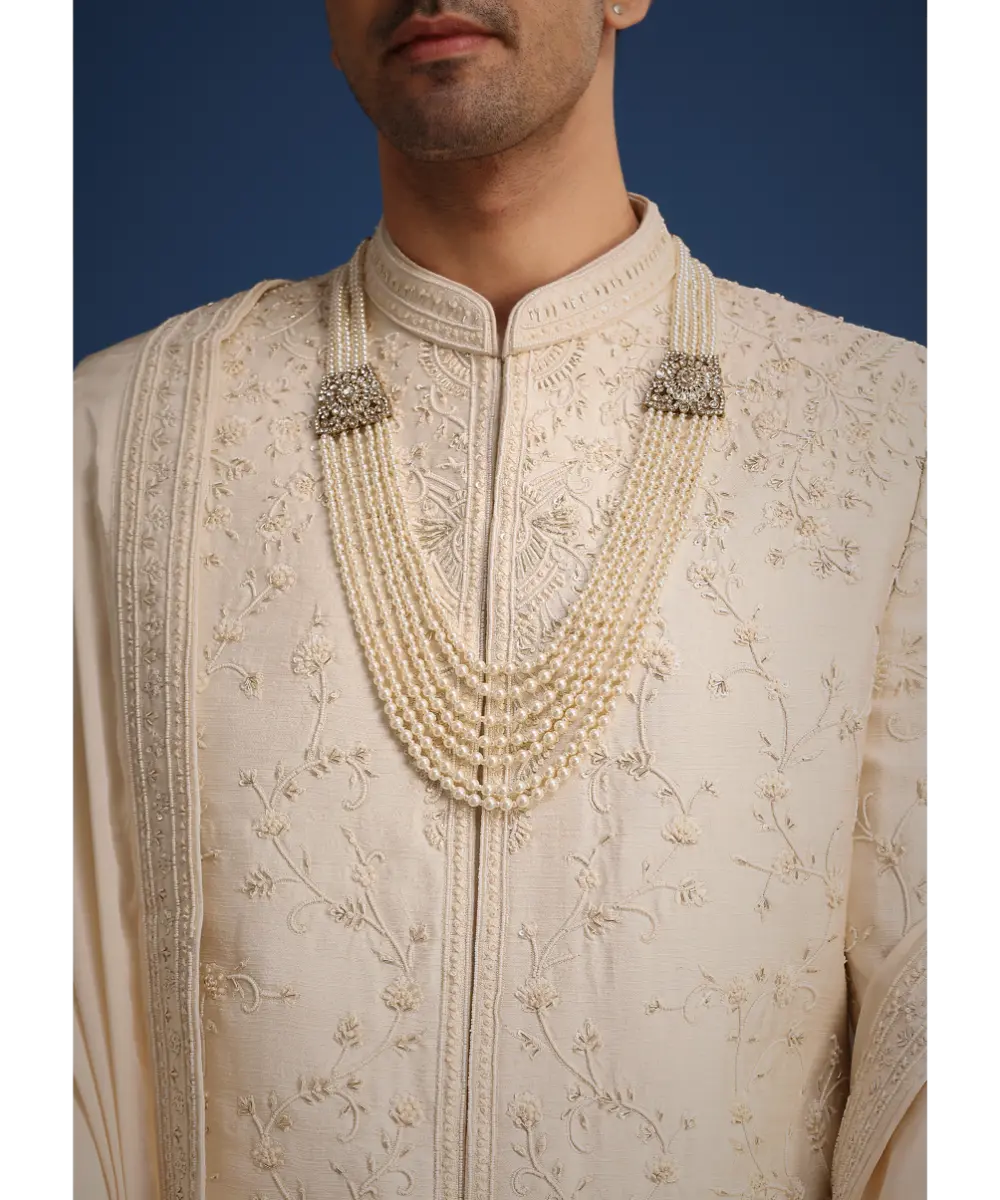 KALKI - Beige Silk Zardozi Work Sherwani Set With Dupatta