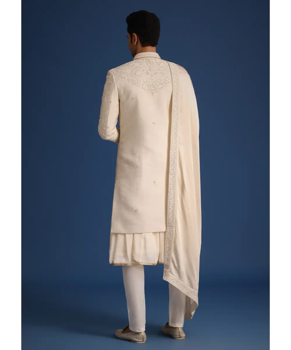 KALKI - Beige Silk Zardozi Work Sherwani Set With Dupatta