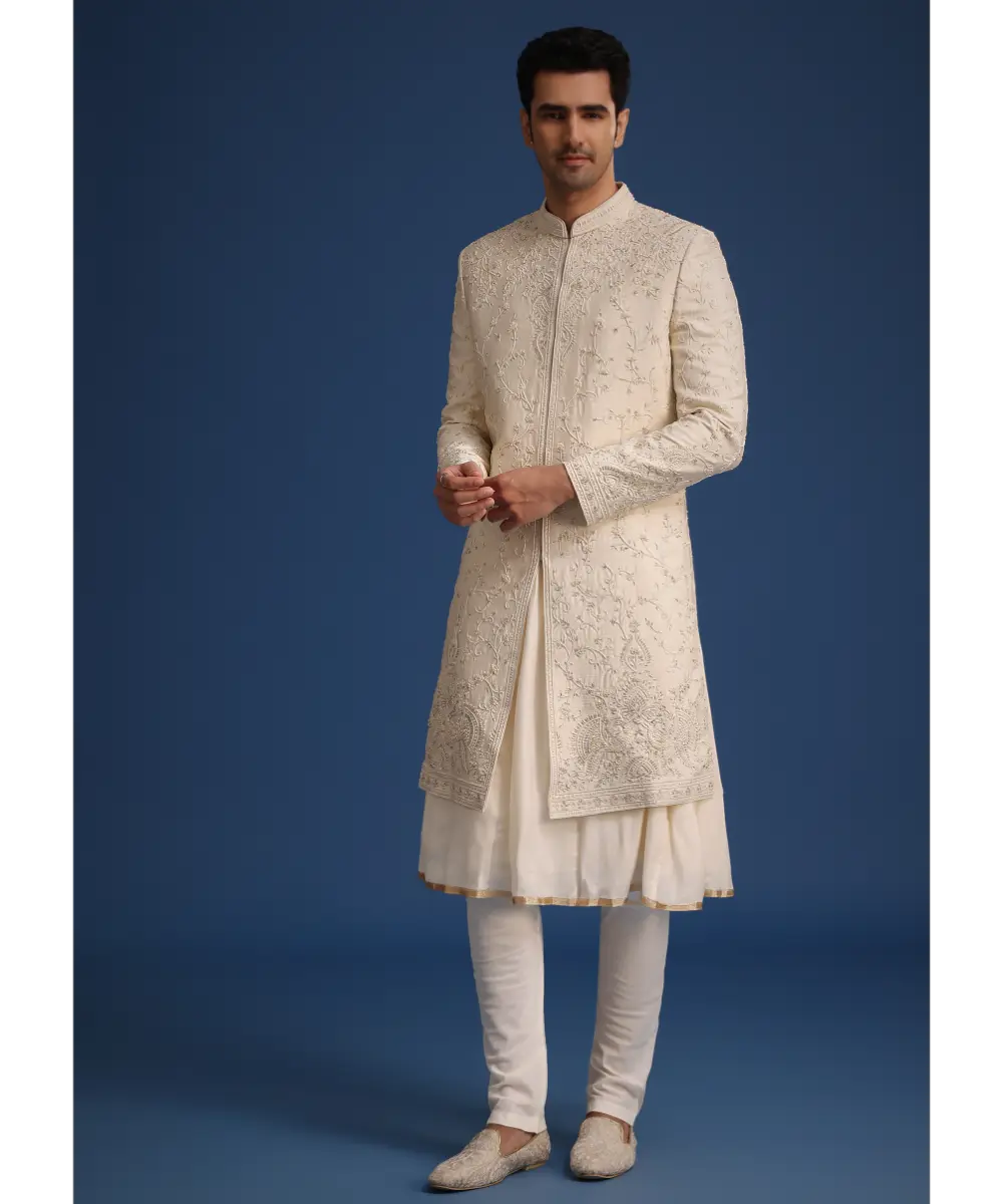 KALKI - Beige Silk Zardozi Work Sherwani Set With Dupatta