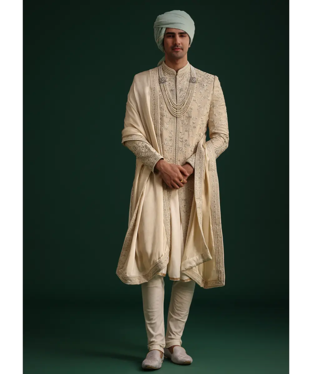 KALKI - Beige Silk Sherwani Set With Zardozi Work