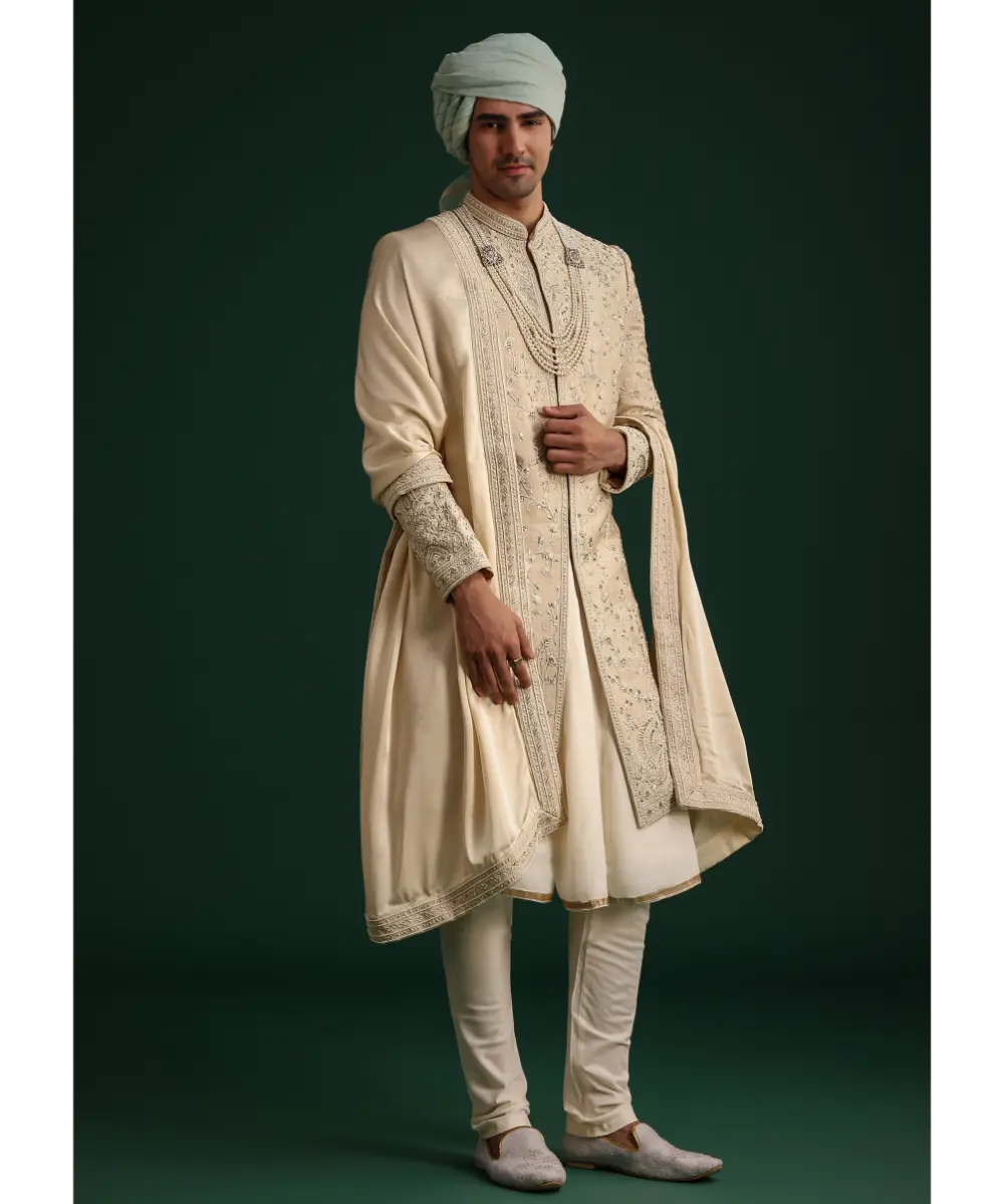 KALKI - Beige Silk Sherwani Set With Zardozi Work