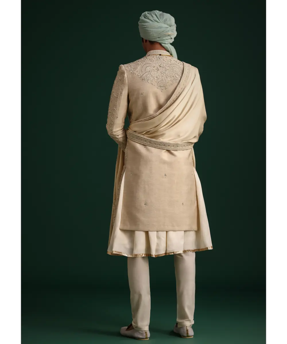 KALKI - Beige Silk Sherwani Set With Zardozi Work