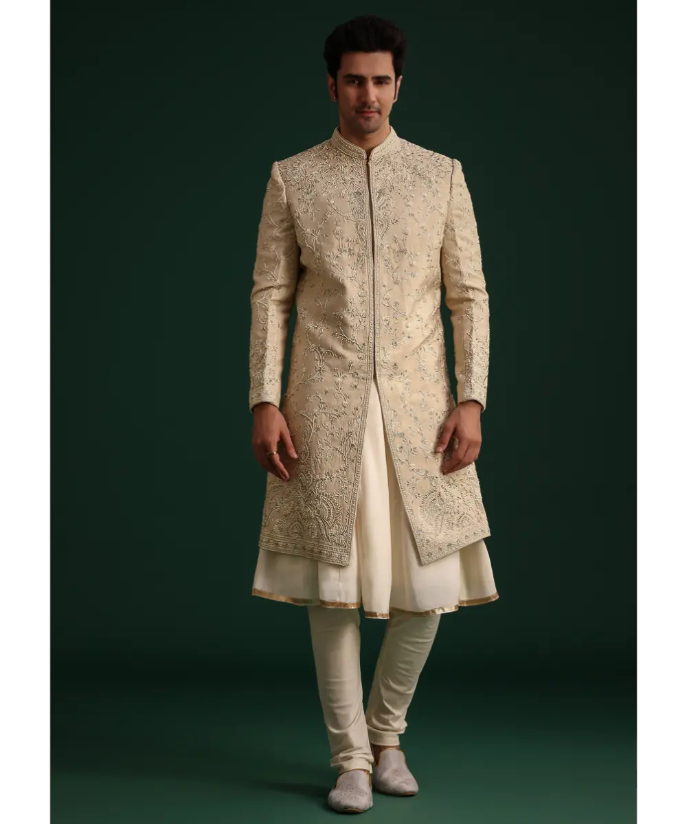 KALKI - Beige Silk Sherwani Set With Zardozi Work