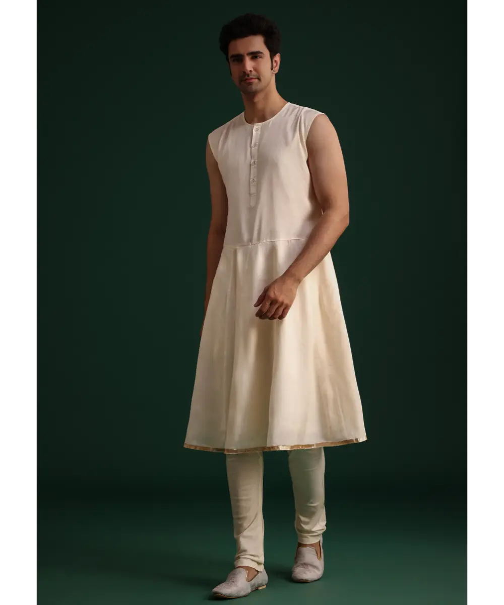 KALKI - Beige Silk Sherwani Set With Zardozi Work