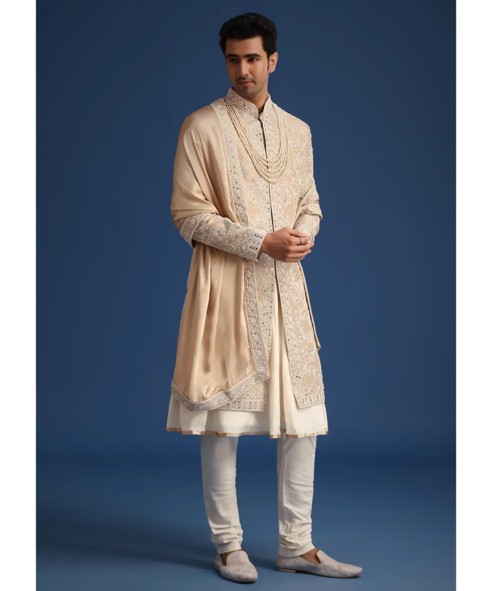 KALKI - Gold Silk Mirror Work Sherwani Set With Dupatta