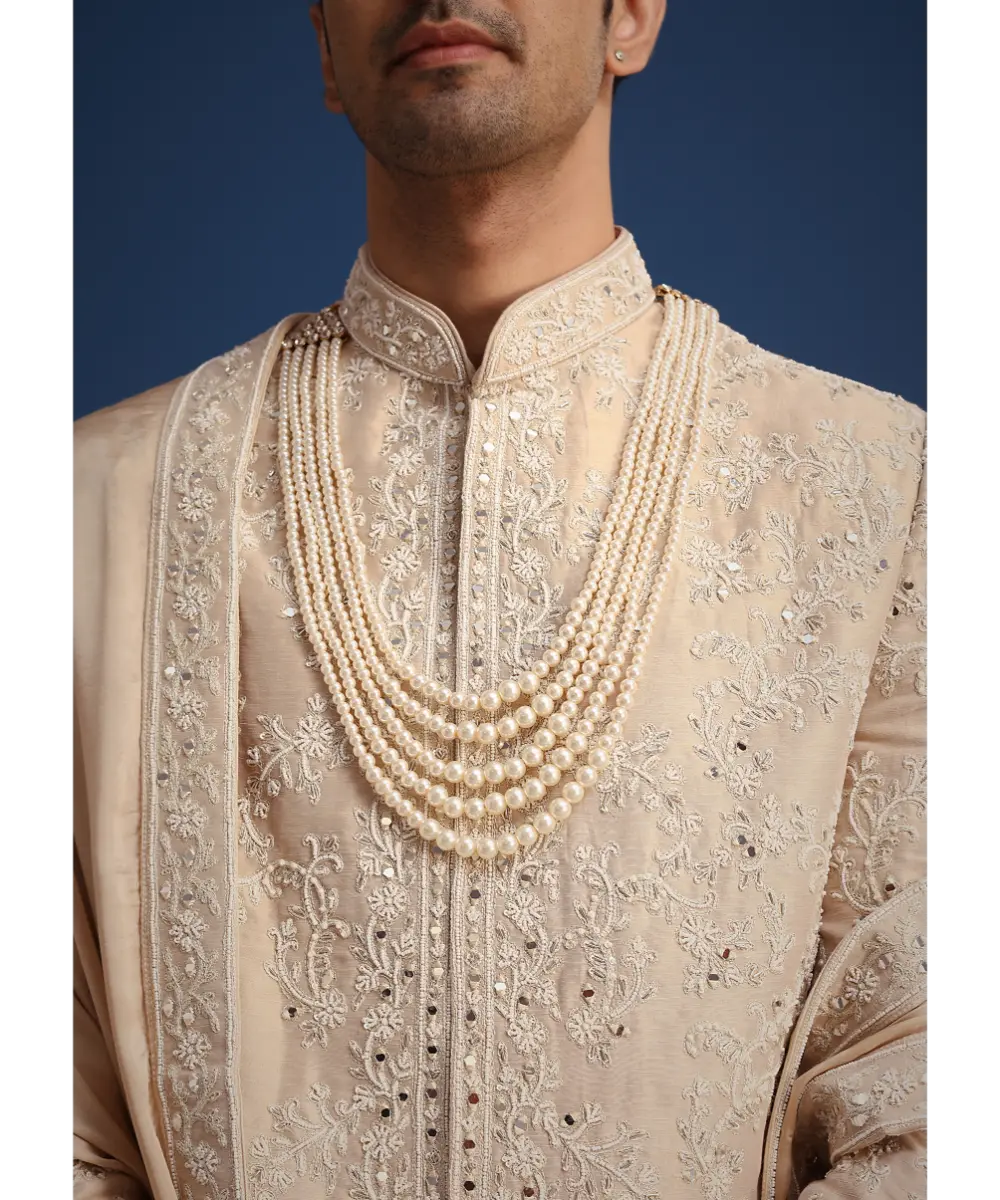 KALKI - Gold Silk Mirror Work Sherwani Set With Dupatta