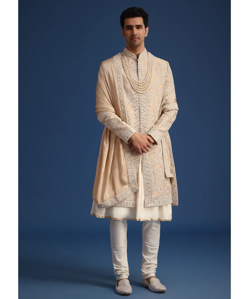 KALKI - Gold Silk Mirror Work Sherwani Set With Dupatta