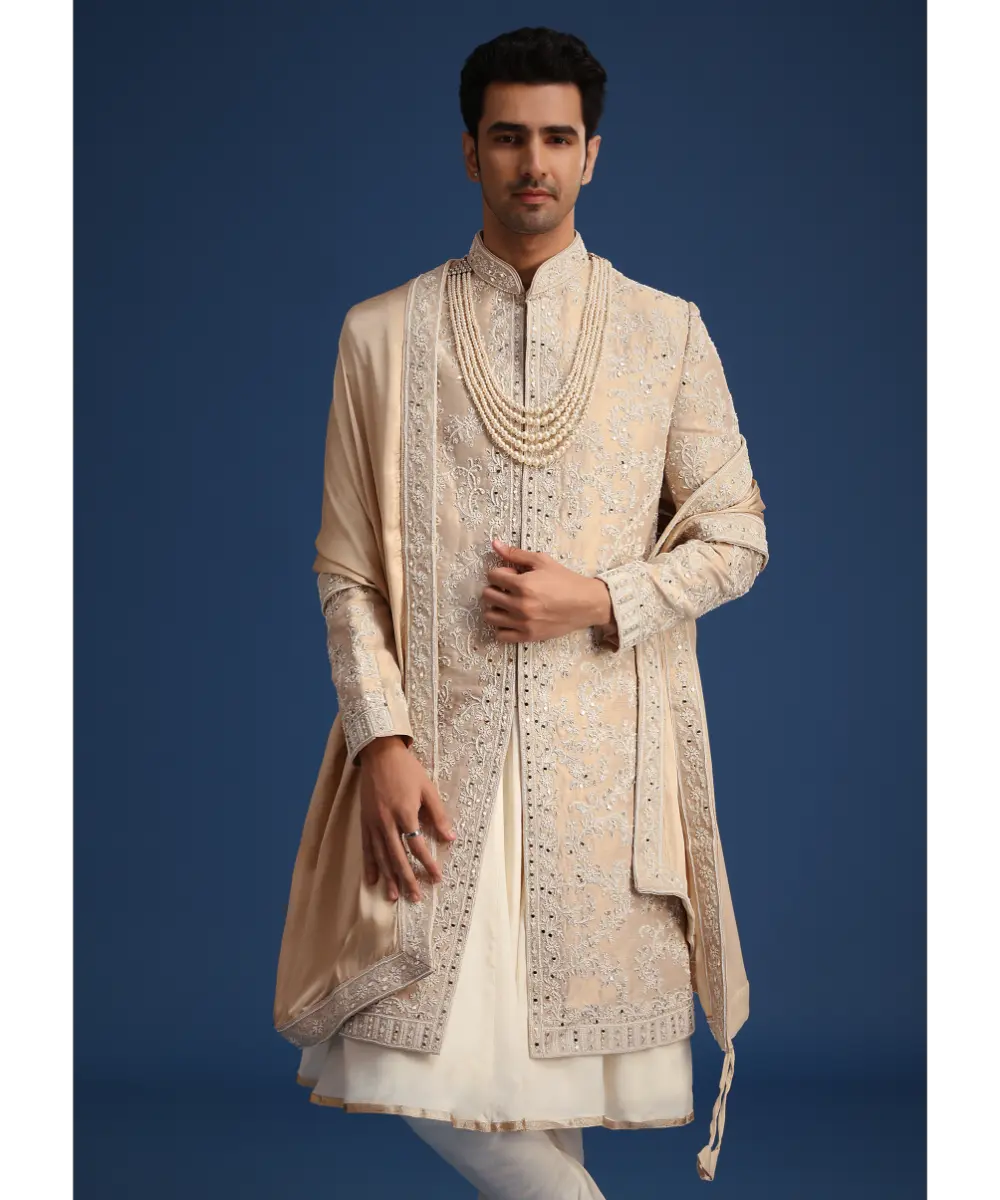KALKI - Gold Silk Mirror Work Sherwani Set With Dupatta
