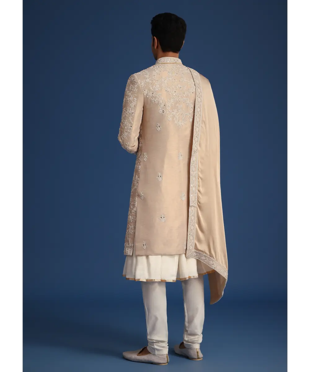 KALKI - Gold Silk Mirror Work Sherwani Set With Dupatta