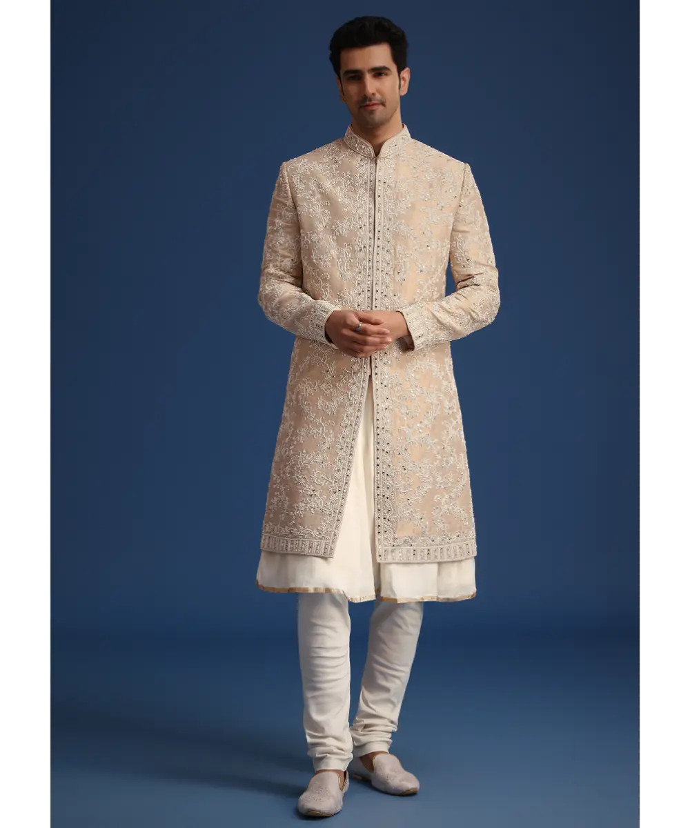 KALKI - Gold Silk Mirror Work Sherwani Set With Dupatta