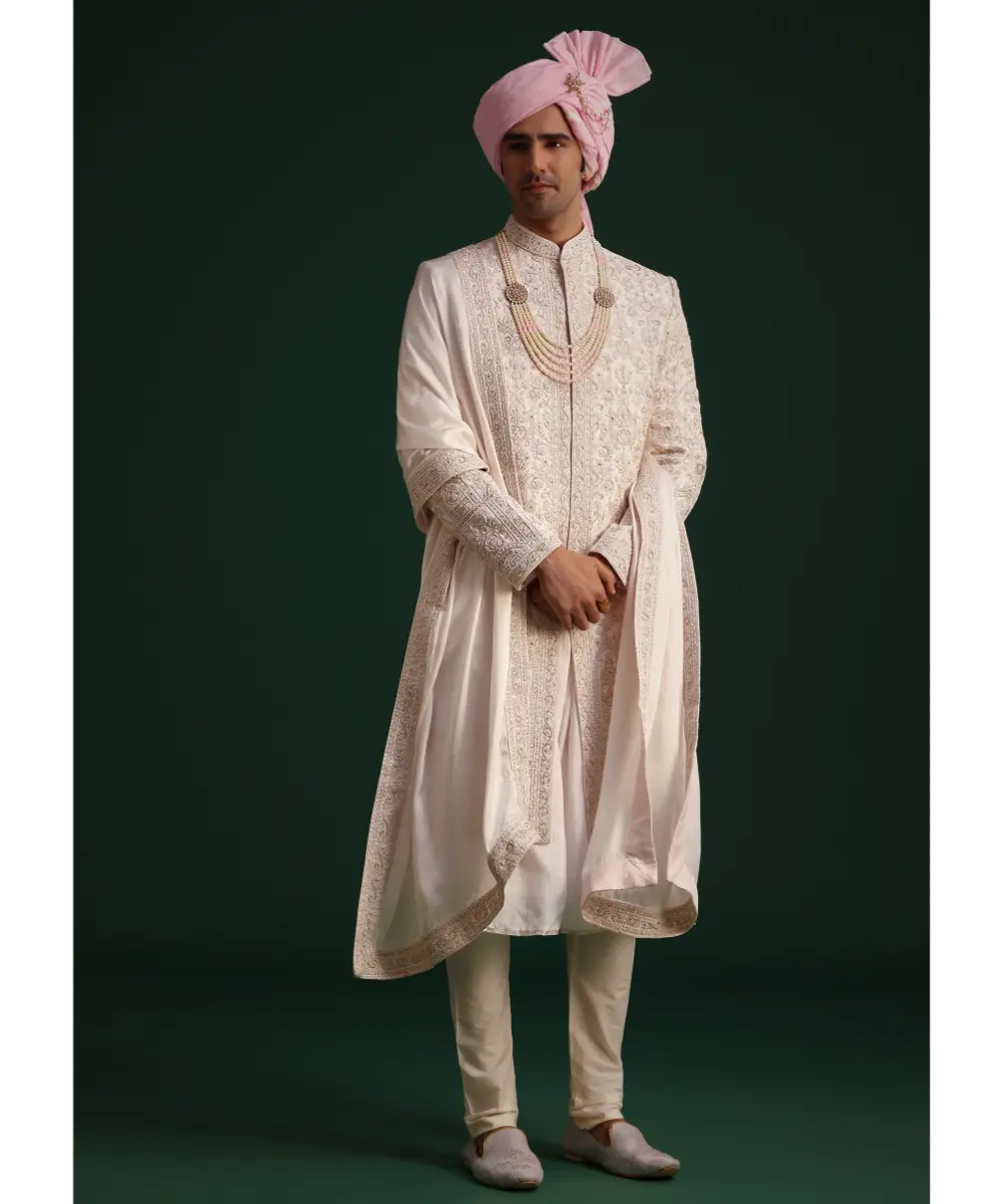 KALKI - Pink Silk Threadwork Sherwani Set With Anarkali Kurta