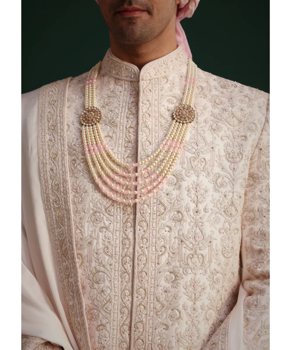 KALKI - Pink Silk Threadwork Sherwani Set With Anarkali Kurta