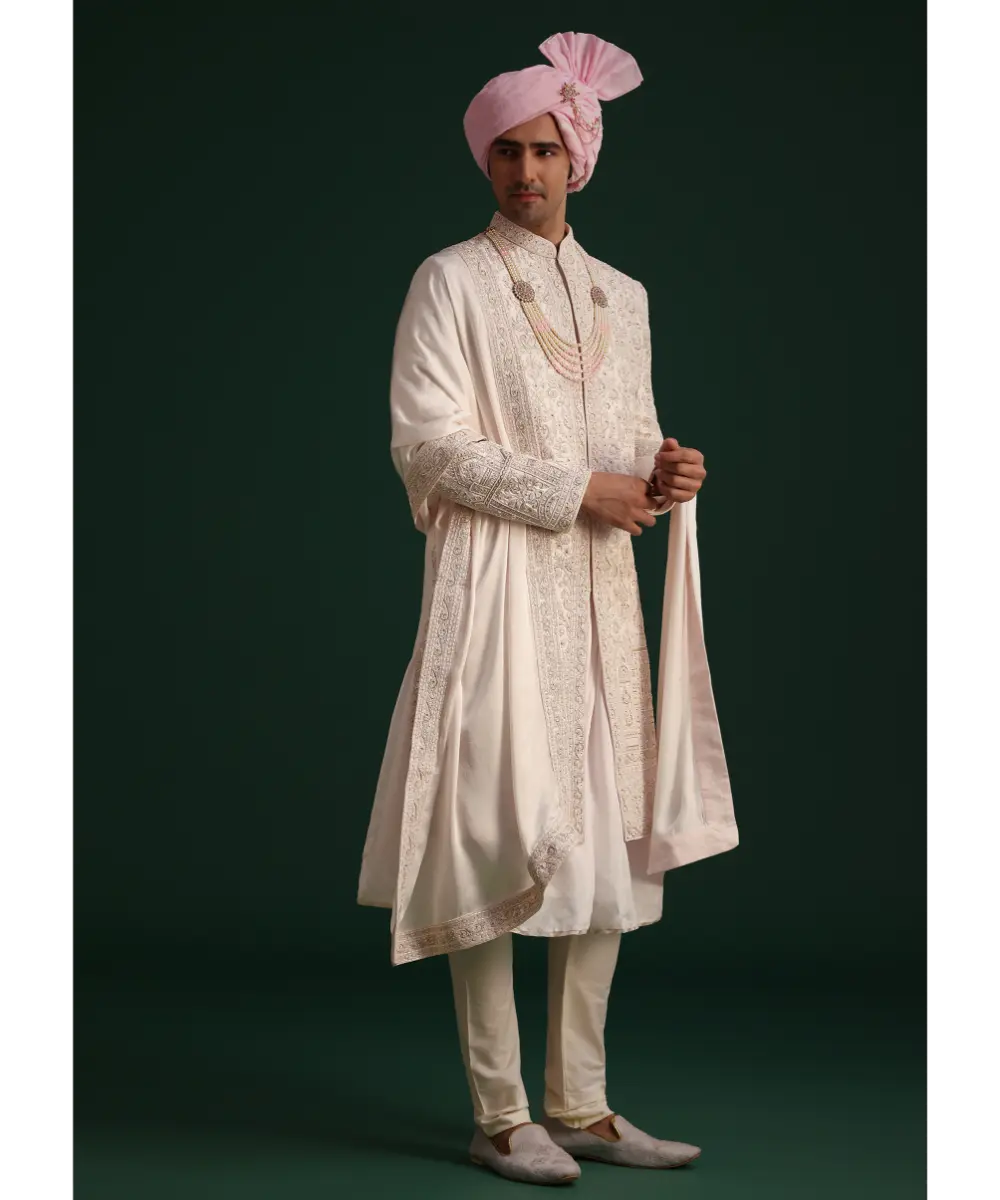 KALKI - Pink Silk Threadwork Sherwani Set With Anarkali Kurta