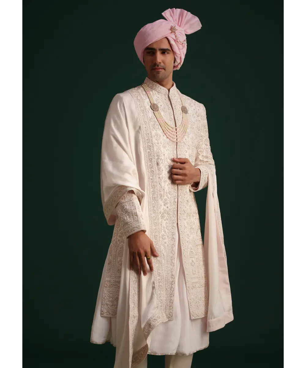 KALKI - Pink Silk Threadwork Sherwani Set With Anarkali Kurta
