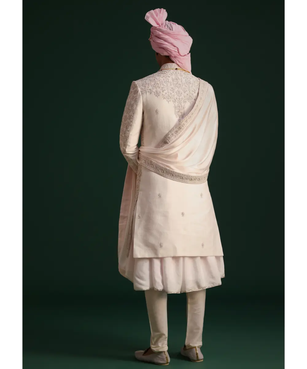 KALKI - Pink Silk Threadwork Sherwani Set With Anarkali Kurta